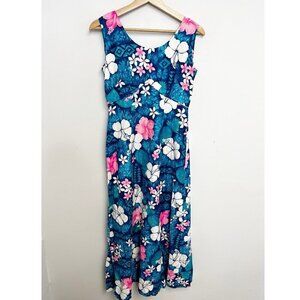 Vintage Royal Hawaiian Dress Blue Floral Maxi Hibiscus Luau Beach Sz XS/S